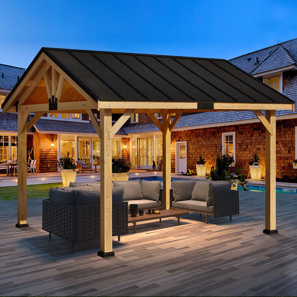 Mellcom 11x12 FT Hardtop Gazebo, Solid Wood Gazebo, Waterproof Asphalt Roof, for Patio, Lawn, Garden