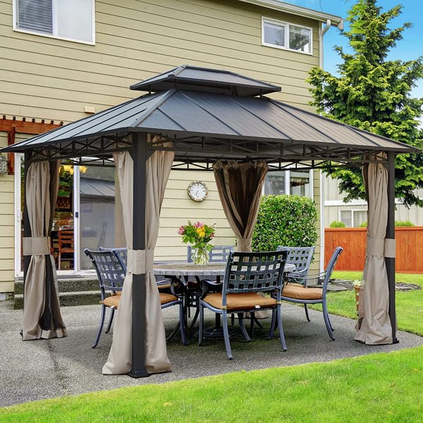 Mellcom 10'X12' Outdoor Hardtop Gazebo with 2-Tier Galvanized Iron Aluminum Frame for Patio, Backyard, Deck, Lawns