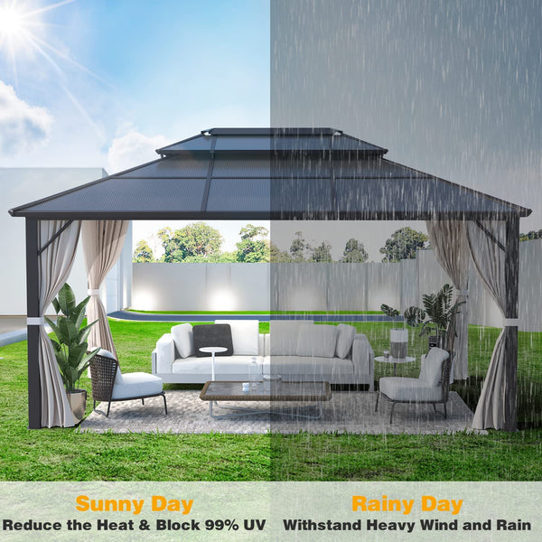 Mellcom 12'x16' Outdoor HardTop Gazebo, Double Roof Patio Garden Gazebo with Curtain Aluminum Frame