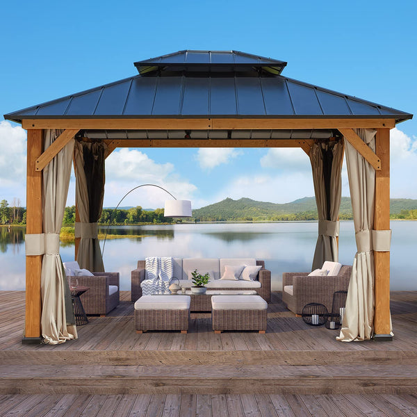 Homoow 13' x 11' Cedar Wood Gazebo, Outdoor Hardtop Gazebo with Curtains and Mosquito Netting, for Patio, Garden, Backyard