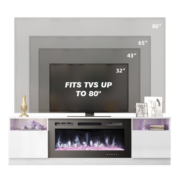 Mellcom 70'' Fireplace TV Stand with 36'' Electric Fireplace, Entertainment Center with 16 Color Led Lights and 12 Flame Fireplace Insert Heater, TV Console for TVs up to 80'' for Living Room, White