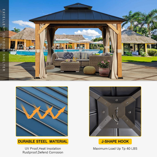 Mellcom 11' x 11' Cedar Wood Gazebo, Outdoor Hardtop Gazebo with Curtains and Mosquito Netting, for Patio, Garden, Backyard