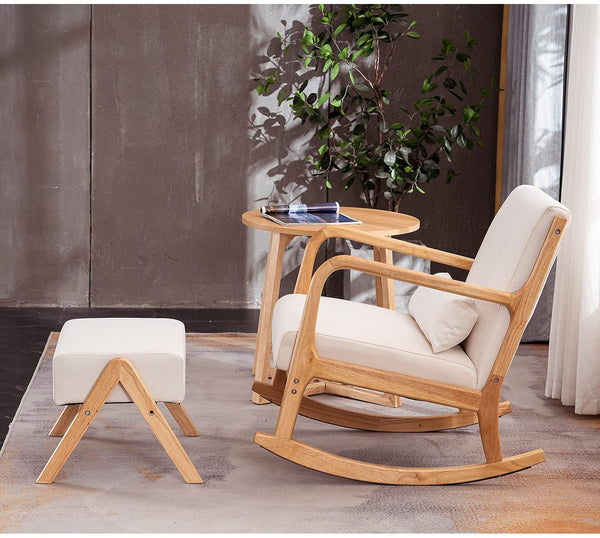 YOLENY Fabric Rocking Chair Mid-Century Glider Rocker with Padded Seat, Ottoman and Wood Base Linen Accent Chair for Living Room Beige