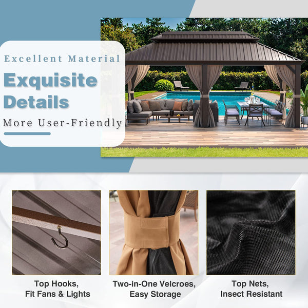 Mellcom 12' X 20' Hardtop Gazebo Galvanized Steel Outdoor Canopy Aluminum Frame