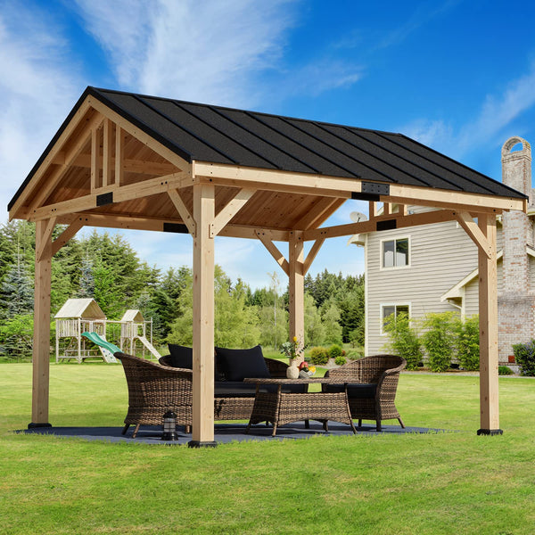 Mellcom 11x12 FT Hardtop Gazebo, Spruce Wood Solid Wood Gazebo, Waterproof Asphalt Roof, for Patio, Lawn, Garden, Easy Installation