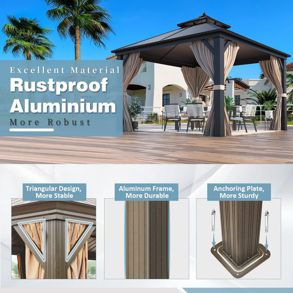 Mellcom 12' X 12' Hardtop Gazebo Galvanized Steel Outdoor Canopy Aluminum Frame