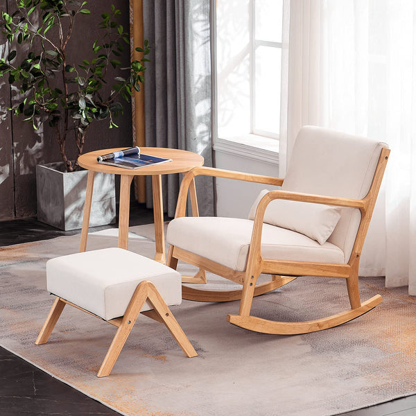 YOLENY Fabric Rocking Chair Mid-Century Glider Rocker with Padded Seat, Ottoman and Wood Base Linen Accent Chair for Living Room Beige