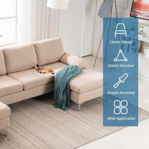 Mellcom Linen U-Shape Sectional Sofa, Fabric Couch for Living Room Apartment, Beige