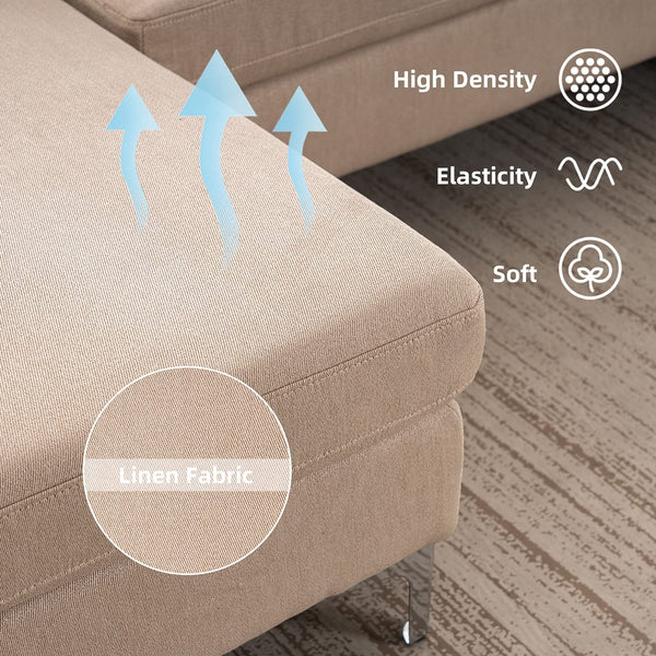 Mellcom Linen U-Shape Sectional Sofa, Fabric Couch for Living Room Apartment, Beige