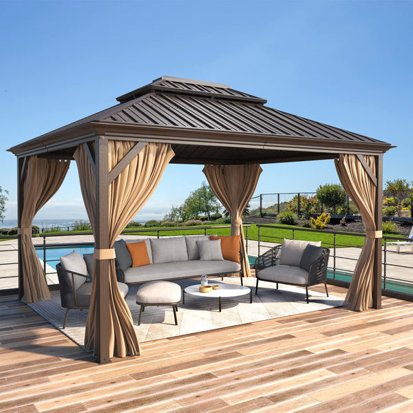 Mellcom 12' x 14' Hardtop Gazebo, Permanent Galvanized Steel Metal Double Roof Aluminum Pavilion