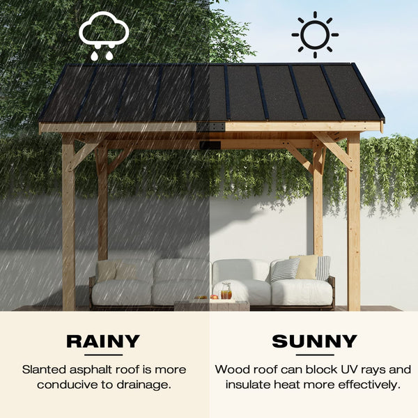 Mellcom 11x12 FT Hardtop Gazebo, Spruce Wood Solid Wood Gazebo, Waterproof Asphalt Roof, for Patio, Lawn, Garden, Easy Installation
