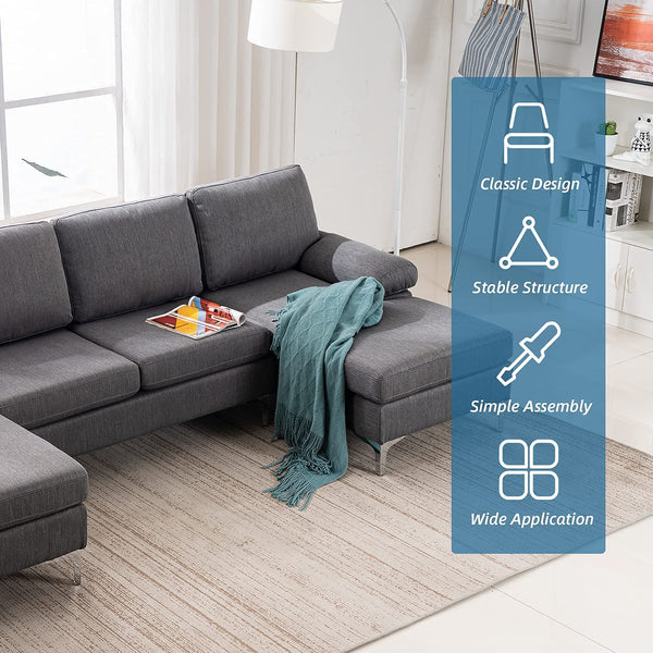 Mellcom Linen U-Shape Sectional Sofa, Fabric Couch for Living Room Apartment, Gray