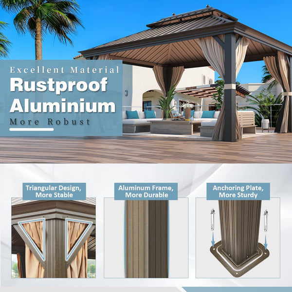 Mellcom 12' X 16' Hardtop Gazebo Galvanized Steel Outdoor Double Roof Patio Gazebo with Aluminum Frame