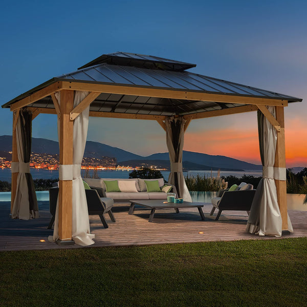 Homoow 13' x 11' Cedar Wood Gazebo, Outdoor Hardtop Gazebo with Curtains and Mosquito Netting, for Patio, Garden, Backyard