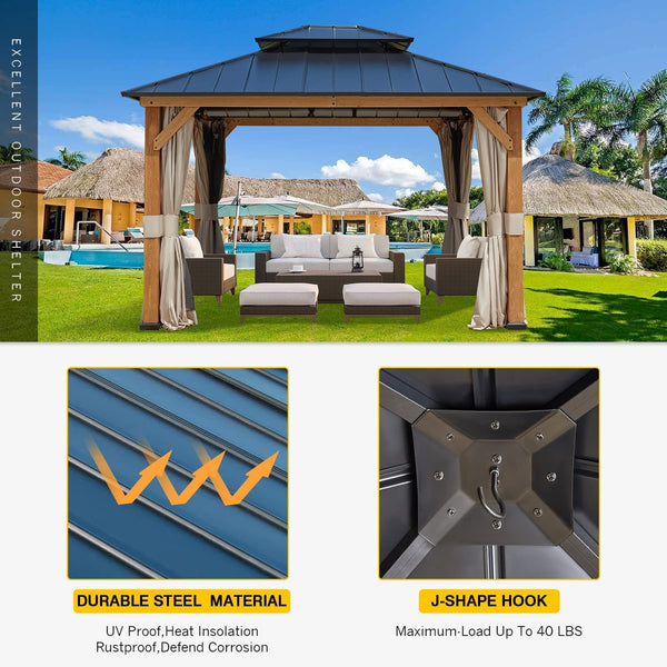 Homoow 13' x 11' Cedar Wood Gazebo, Outdoor Hardtop Gazebo with Curtains and Mosquito Netting, for Patio, Garden, Backyard