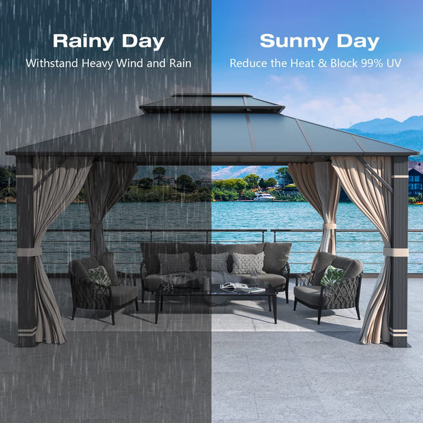 Mellcom 12x14FT Outdoor Hardtop Gazebo, Permanent Double Roof Aluminum Patio Gazebo for Patio Lawn, Garden