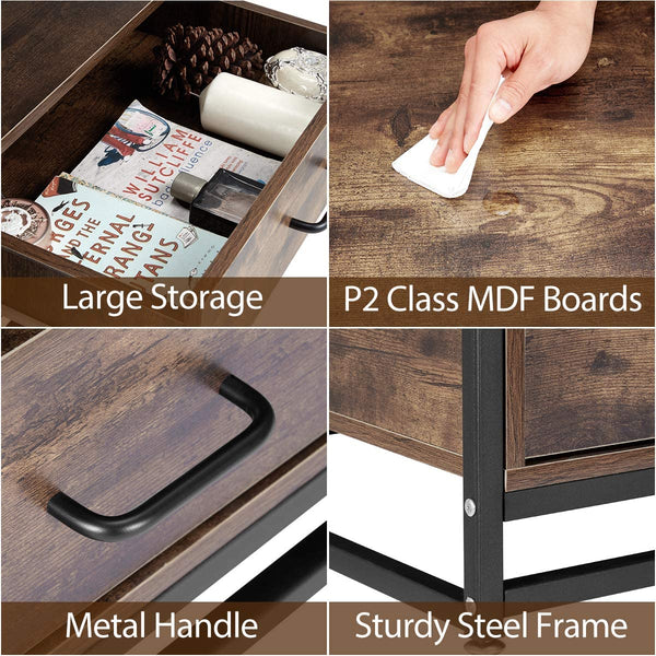 YOLENY Industrial Coffee Table,Accent Cocktail Table with Storage Shelf,2 Drawers Solid Wood and Metal Frame Legs,for Living Room