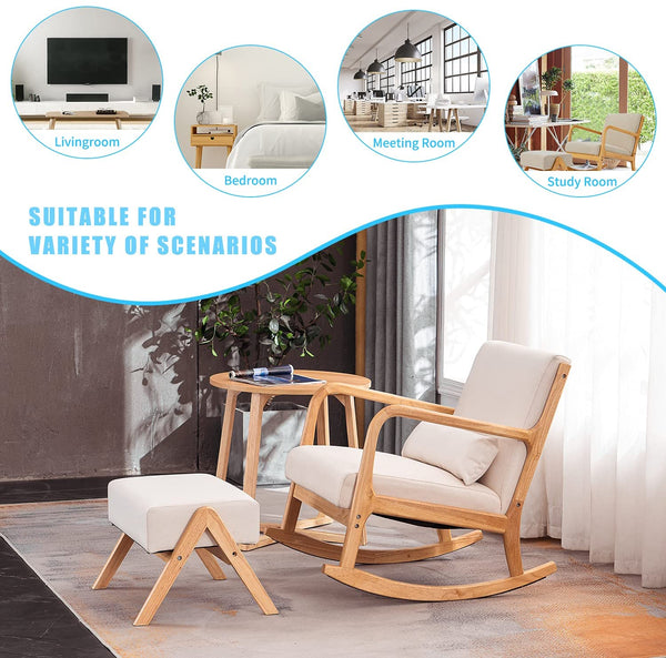 YOLENY Fabric Rocking Chair Mid-Century Glider Rocker with Padded Seat, Ottoman and Wood Base Linen Accent Chair for Living Room Beige