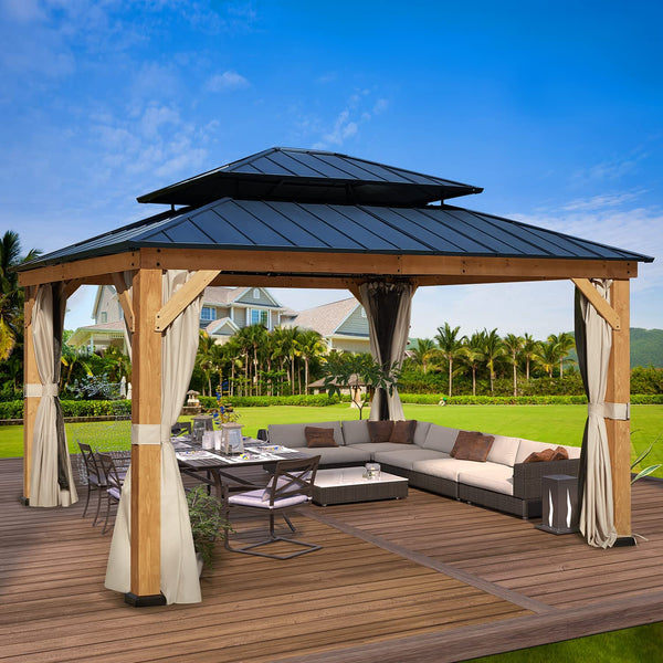 Mellcom 13' x 15' Cedar Wood Gazebo, Outdoor Hardtop Gazebo with Curtains and Mosquito Netting, for Patio, Garden, Backyard