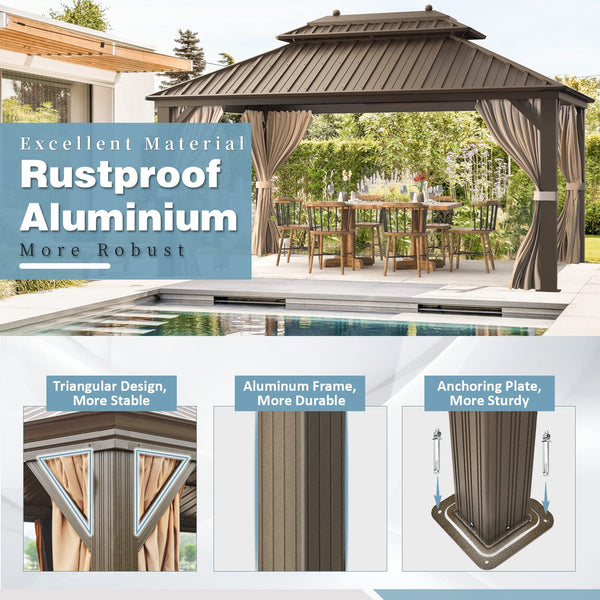 Mellcom 10' X 13' Hardtop Gazebo Galvanized Steel Double Roof Patio Gazebo with Aluminum Frame