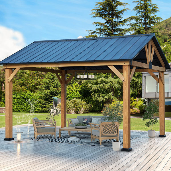 Mellcom 13'x 11' Hardtop Patio Gazebo, Outdoor Gable Steel Cedar Framed Pavilion Cabana