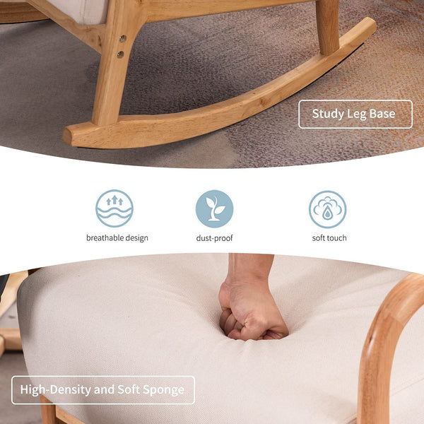 YOLENY Fabric Rocking Chair Mid-Century Glider Rocker with Padded Seat, Ottoman and Wood Base Linen Accent Chair for Living Room Beige