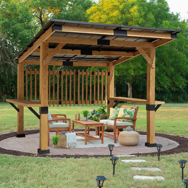 Mellcom 10' x 11' Hardtop Solid Wood Gazebo, Rustic Outdoor Cedar Grill Pergola with Privacy Screen for Patios Outdoor Cedar Gazebo with Privacy Screen for Patios