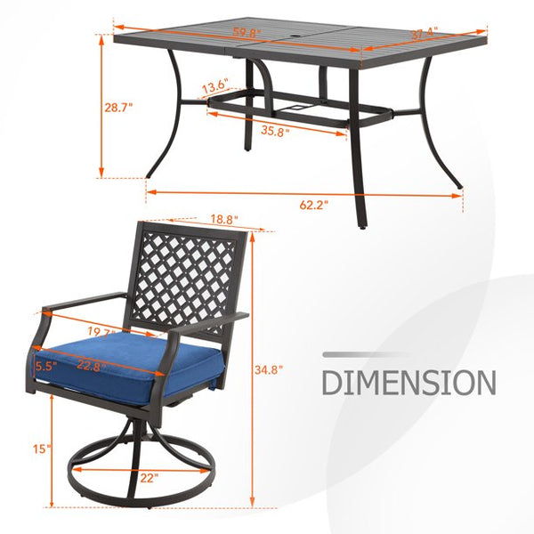 Yoleny 7 Pieces Outdoor Patio Dining Set, Metal Furniture Set Patio Table and Chairs with Umbrella Hole for Outdoor Patio, Garden, Lawn, Blue