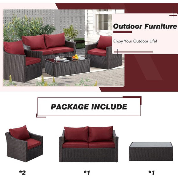 Yoleny 4pcs Patio Furniture Sets Wicker PE Rattan Conversation Furniture Set, Wine Red