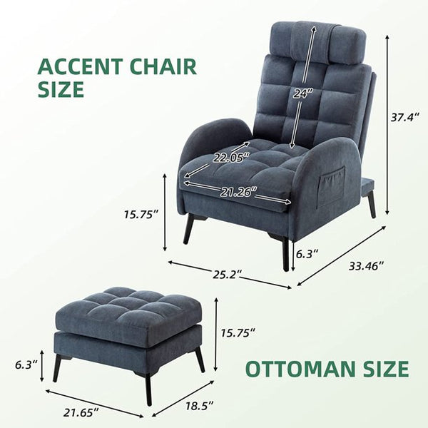 Mellcom Recliner Chair with Ottoman, Accent ArmChair with Adjustable Backrest, Single Sofa Chair for Living Room, Bedroom, Gray