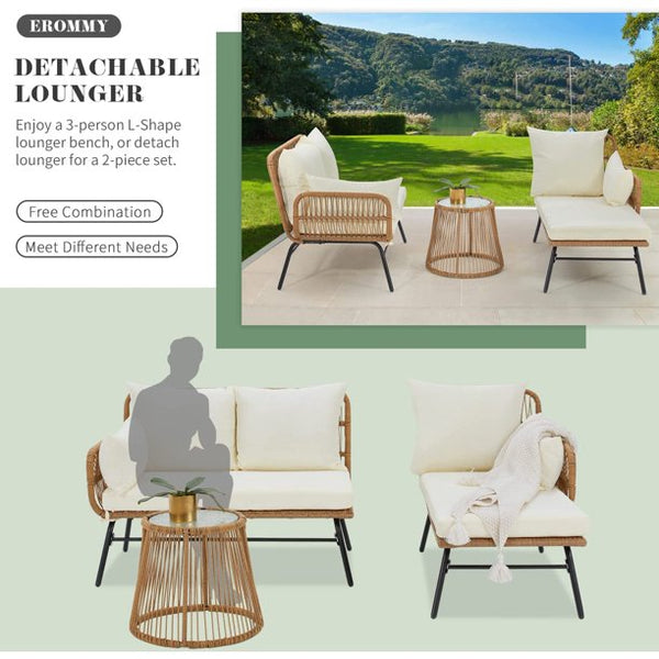 Erommy 3 Pieces L-Shaped Sectional Wicker Conversation Sets with Cushions and Glass Table