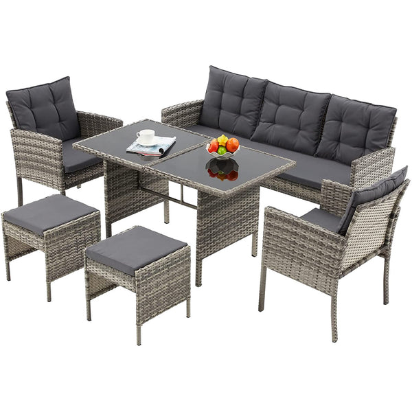 Erommy 7 Pieces Patio Dining Set Outdoor with Tempered Glass Table and 6 Foldable Chairs