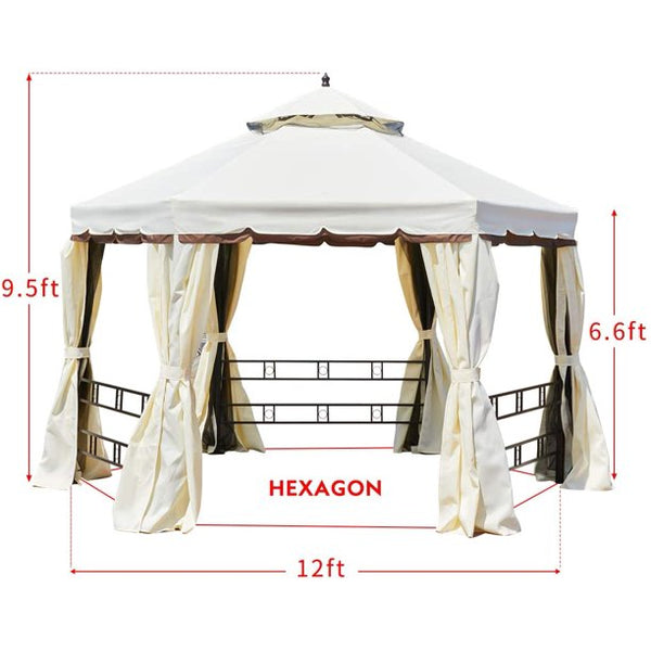 EROMMY 12FT Outdoor Gazebo Canopy, Aluminum Frame Soft Top Hexagonal Outdoor Patio Gazebo with Polyester Curtains and Air Venting Screens(028Cream)