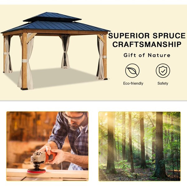 Yoleny 13' x 15' Cedar Wood Gazebo, Outdoor Hardtop Gazebo with Privacy Curtains and Mosquito Netting, for Patio, Garden, Backyard