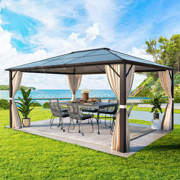 Erommy 10'x12' Outdoor Hardtop Polycarbonate Gazebo Canopy Aluminum Frame with Netting and Curtains for Garden, Patio