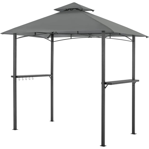 Yoleny 8'×5' Grill Gazebo Double Tiered, Grill Canopy with Soft Top and Heavy-Duty Steel Frame, Outdoor BBQ Gazebo Canopy with Shelves and Hooks for Patio Backyard Deck Barbeque, Gray