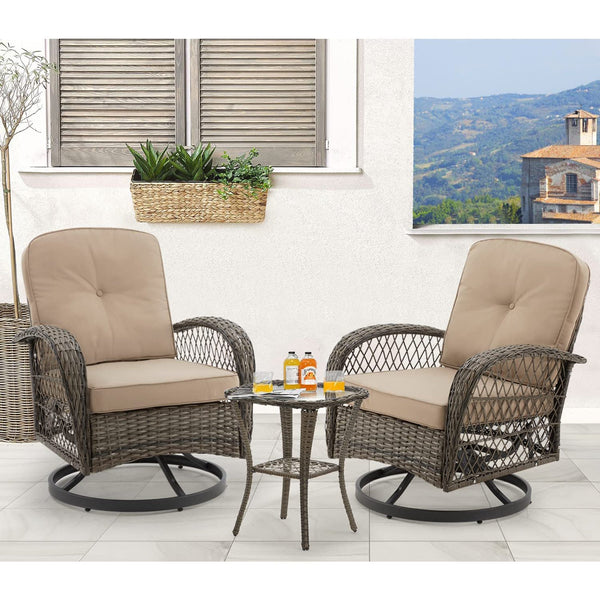 Erommy 3 Pieces Rattan Patio Set, Outdoor Rocker Patio Chairs 360 ° Swivel with Cushions and Table, Khaki