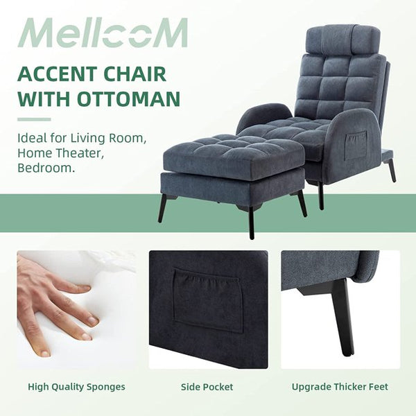 Mellcom Recliner Chair with Ottoman, Accent ArmChair with Adjustable Backrest, Single Sofa Chair for Living Room, Bedroom, Gray