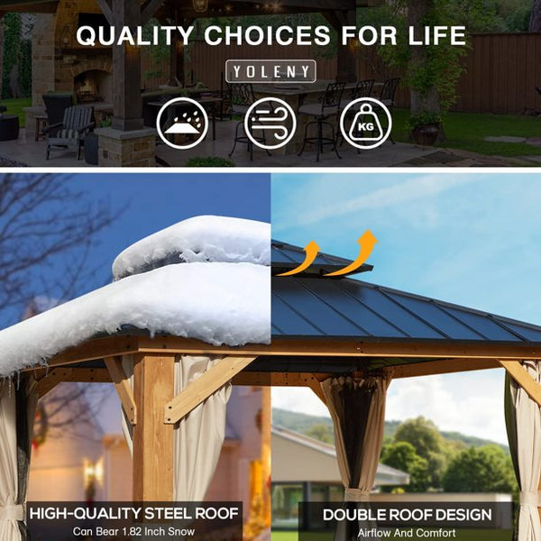 Erommy 11' x 11' Cedar Wood Frame Gazebo, Outdoor Hardtop Gazebo with Metal Roof,Curtains and Nettings