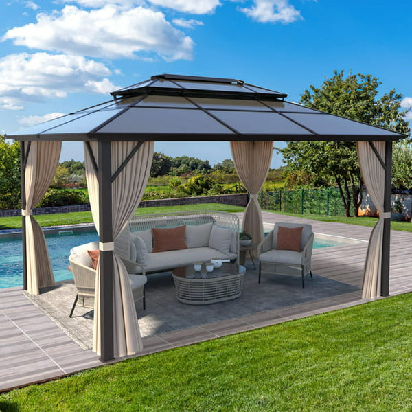 Erommy 10x13ft Outdoor Double Roof Hardtop Gazebo Canopy Curtains Aluminum Furniture with Netting for Garden,Patio,Lawns,Parties