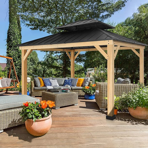 Erommy 13' x 11' Hardtop Wooden Gazebo,Double Roof Patio Gazebo with Cedar Wood Frame & Galvanized Steel Top, All-Weather r for Garden, Patio, Lawns