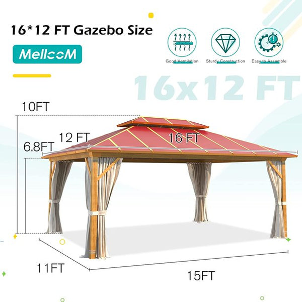 Mellcom 12' x 16' Aluminum Frame Outdoor Gazebo, Double Roof Metal Gazebo for Patios, Gardens, Lawns, Parties, Claret