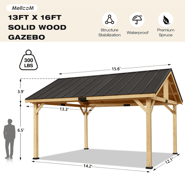Mellcom 13x16 FT Hardtop Gazebo, Outdoor Solid Wood Gazebo with Waterproof and Heatproof Asphalt Roof