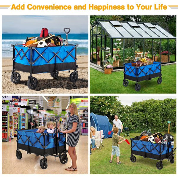 Yoleny Folding Wagon Cart 180 Pound Capacity, Outdoor Garden Cart Foldable Wagon for Travel, Shopping, Camping, Blue