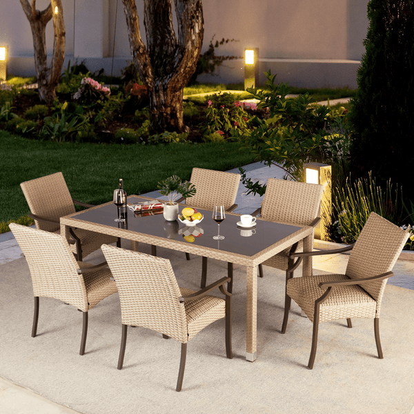 Mellcom 7 Piece Outdoor Patio Dining Set,Wicker Rattan Table and Metal Rattan Chairs Furniture Set for Dinner&Party,Beige