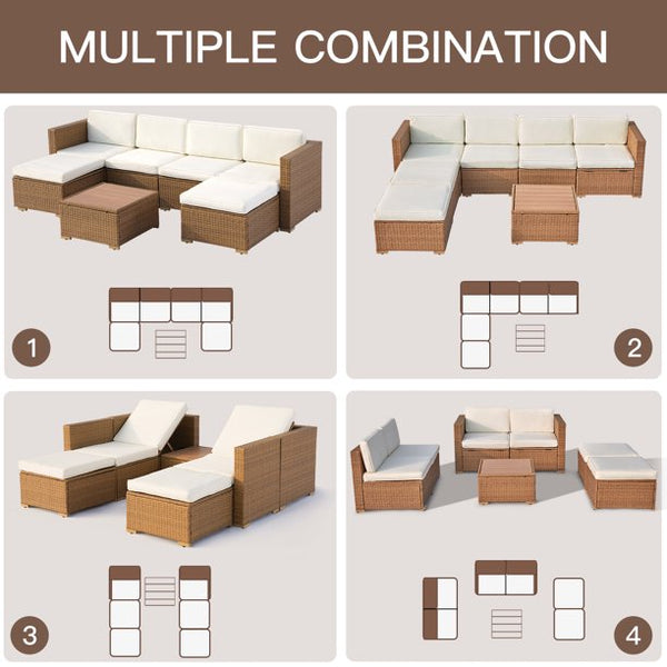 Mellcom 7 Pieces Patio Conversation Set PE Rattan Wicker Furniture Sofa Set with Two Storage Boxes,Beige