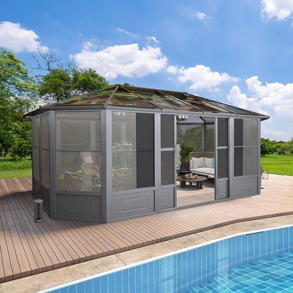 Yoleny 12' x 18' Solarium Sunroom, Outdoor Hardtop Polycarbonate Roof Sun Room, Aluminum Frame Permanent Tiny House with Sliding Doors and Screens,for Garden, Patio, Lawns