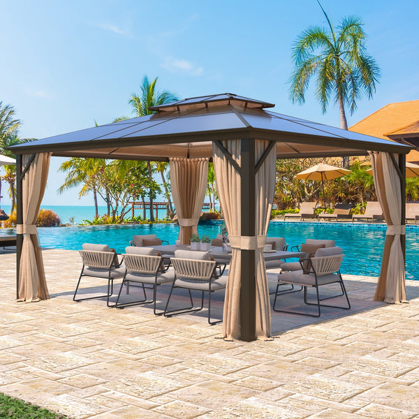 Yoleny 12'x14' Outdoor Hardtop Polycarbonate Gazebo Canopy Curtains Aluminum Frame with Netting for Garden,Patio