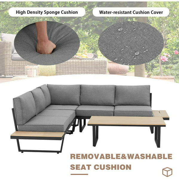 Erommy Outdoor Conversation Set with Coffee Table, All-Weather L-Shaped Metal Patio Sectional Sofa Set with Gray Cushion and Built-in Side Table for Patio, Deck, Backyard, Garden
