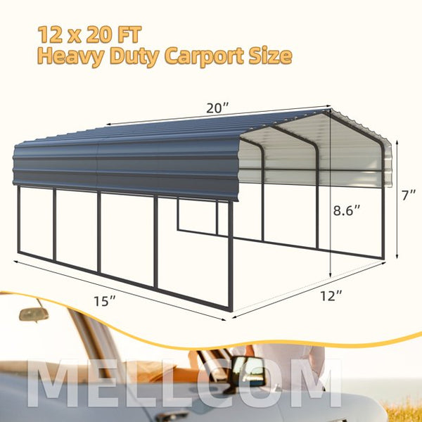 Hommow 12 x 20 ft Carport with Galvanized Steel Roof, Multi-Use Shelter, Sturdy Metal Carport for Cars, Boats, and Tractors